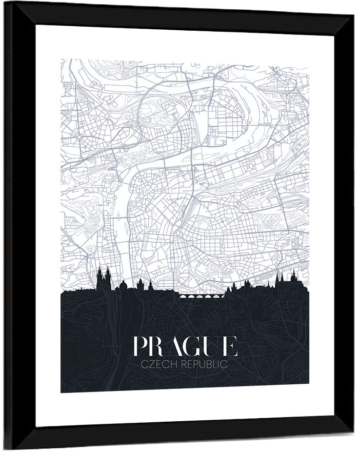 Prague Map with Charles Bridge Wall Art as a framed print