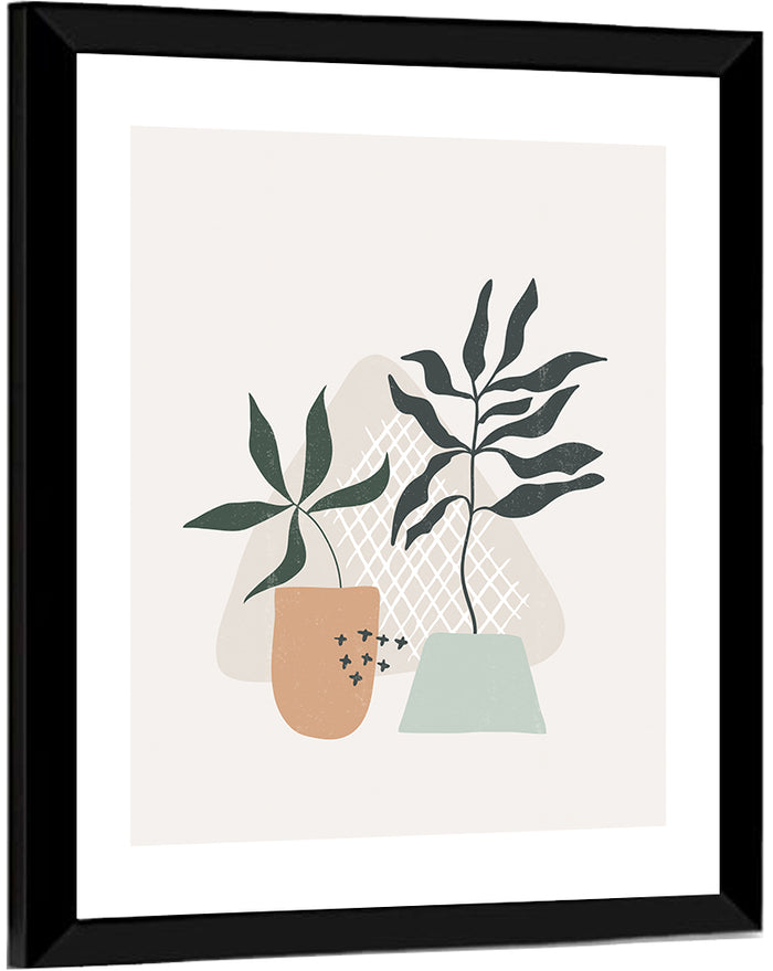 Potted Plants with Hand-drawn Grid Wall Art as a framed print