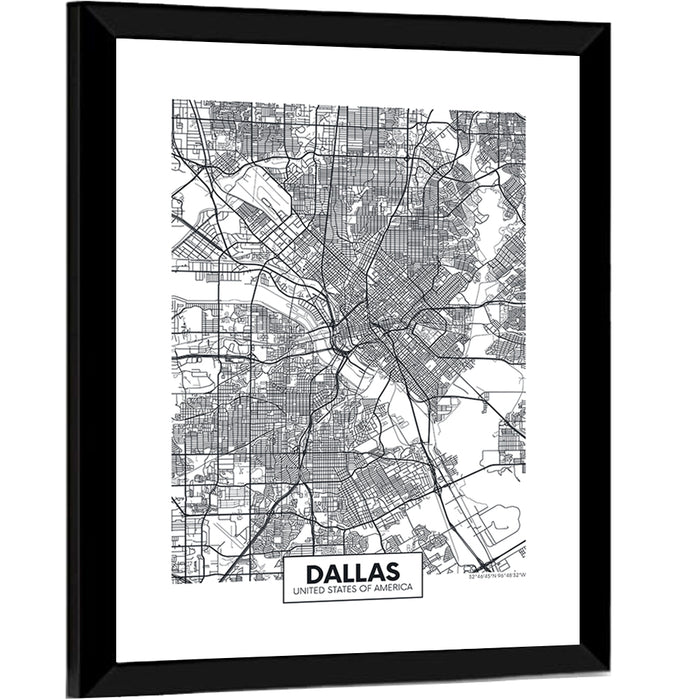 Dallas City Map with Coordinates Wall Art as a framed print