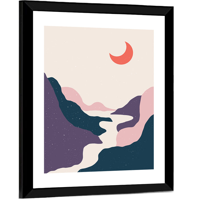 Crescent Moon Over Mountain Stream Wall Art as a framed print