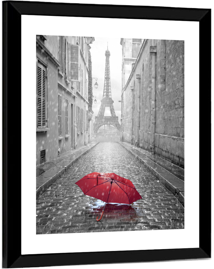 Eiffel Tower on Rainy Street Wall Art as a framed print