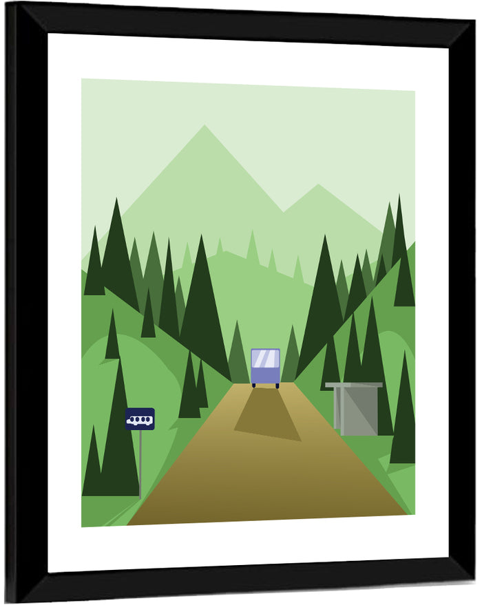 Mountain Road Bus Stop Illustration Wall Art as a framed print