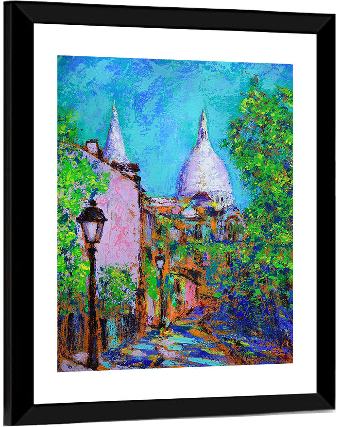 Montmartre Street with Sacre Coeur Dome Wall Art as a framed print