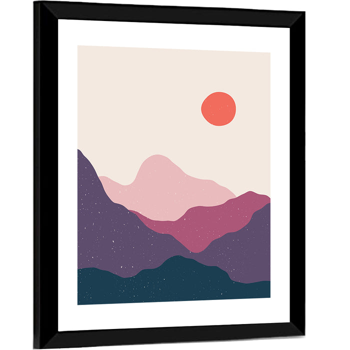 Stippled Sun Over Layered Mountains Wall Art as a framed print