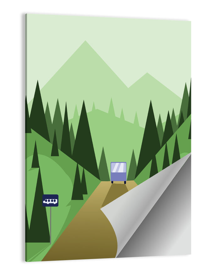 Mountain Road Bus Stop Illustration Wall Art as a poster print