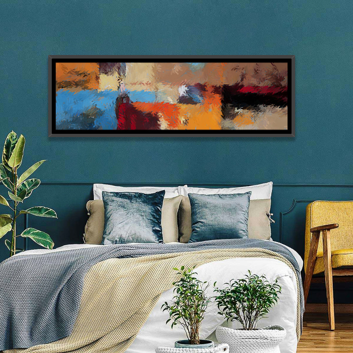 Patchwork Leaves in Blue and Orange Wall Art