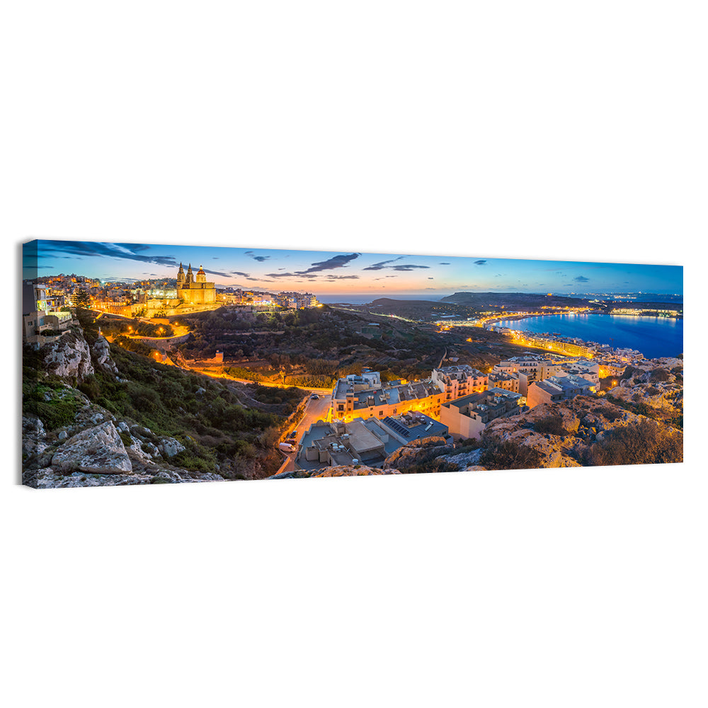 Mellieha Bay at Dusk Wall Art, canvas print, panoramic