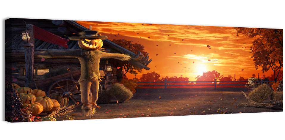 Glowing Pumpkin Scarecrow at Dusk Wall Art, canvas print, panoramic