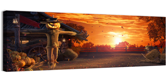 Glowing Pumpkin Scarecrow at Dusk Wall Art as a canvas print
