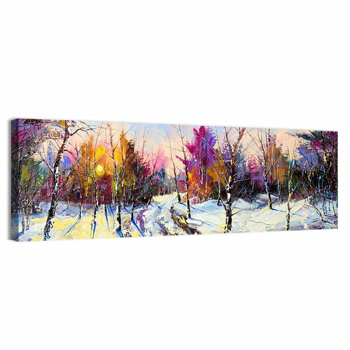 Snowy Birch Path at Sunset Wall Art as a canvas print