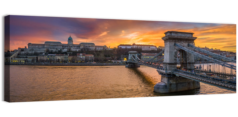 Budapest Chain Bridge at Golden Dusk Wall Art, canvas print, panoramic