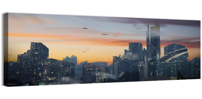 Futuristic City Skyline at Dusk Wall Art as a canvas print