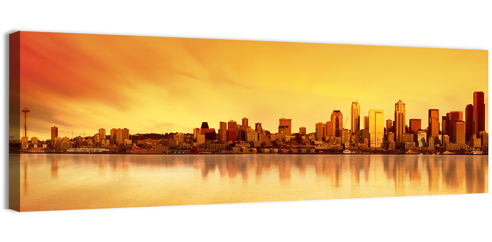 Seattle Skyline in Golden Hour Wall Art, canvas print, panoramic