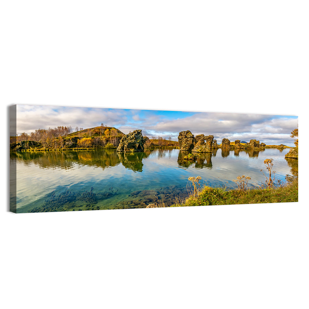 Myvatn Volcanic Rock Reflections Wall Art, canvas print, panoramic
