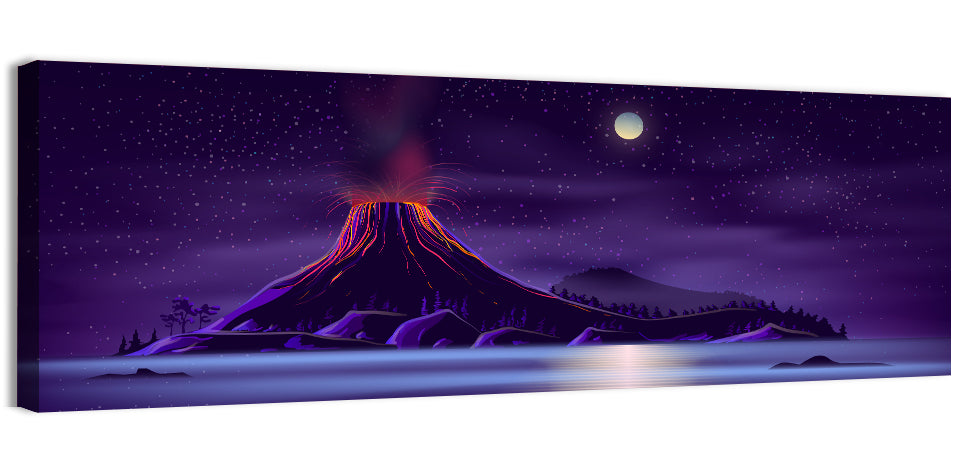 Erupting Volcano Nightscape Wall Art, canvas print, panoramic