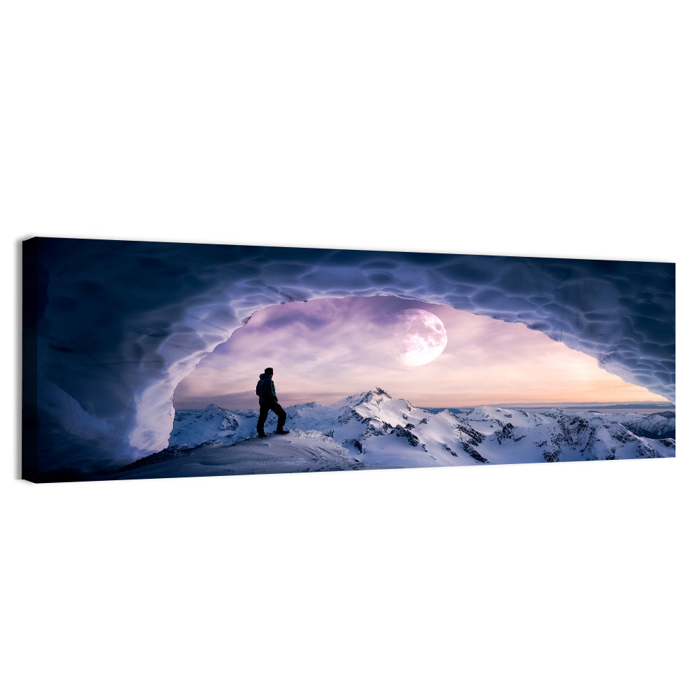 Moonlit Ice Cave Hiker Wall Art, canvas print, panoramic
