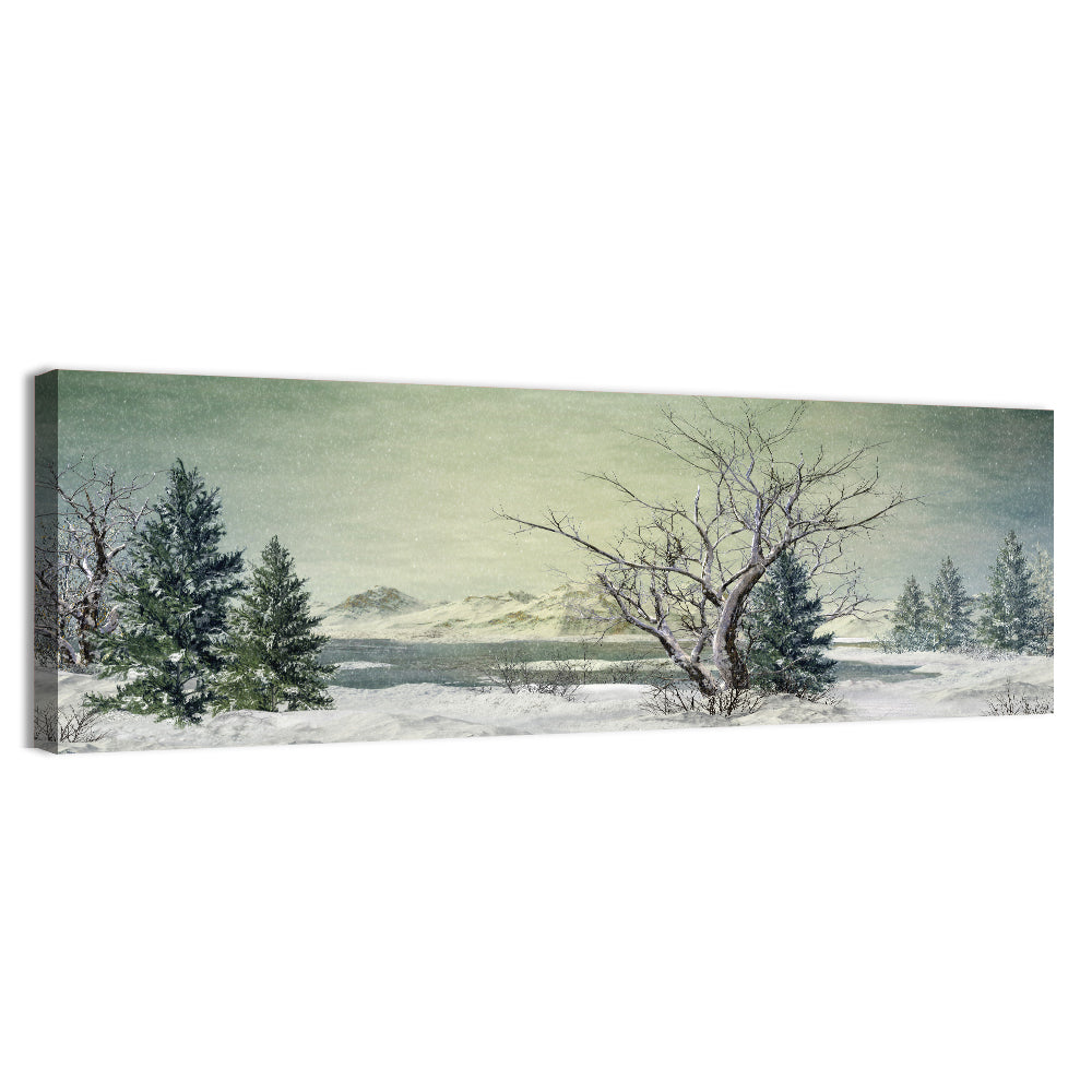 Leafless Tree at Winter Lake Wall Art, canvas print, panoramic