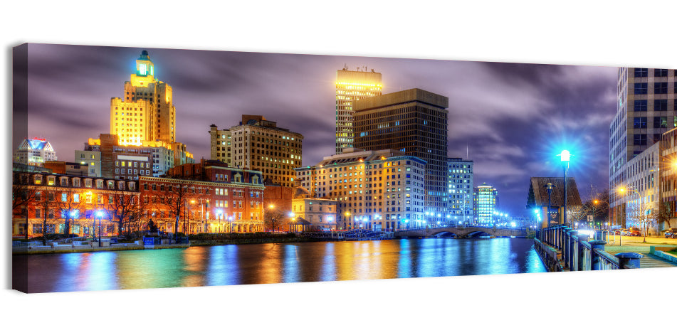 Providence River Night Skyline Wall Art, canvas print, panoramic