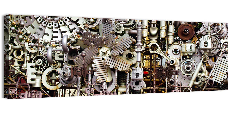 Industrial Gearwork Parts Collage Wall Art, canvas print, panoramic