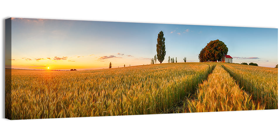 Sunset Wheat Field with Red Roof Cottage Wall Art, canvas print, panoramic
