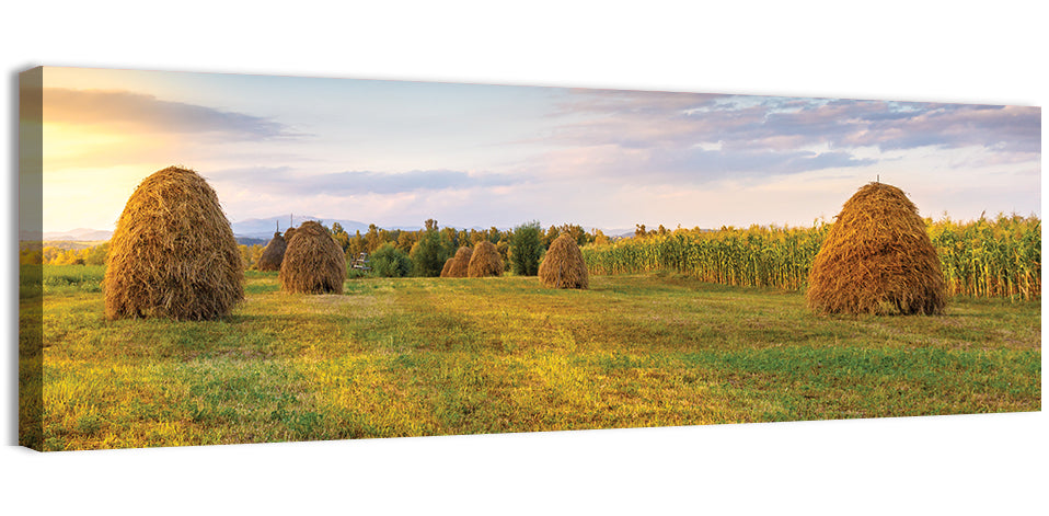 Haystacks at Sunset Fieldscape Wall Art, canvas print, panoramic