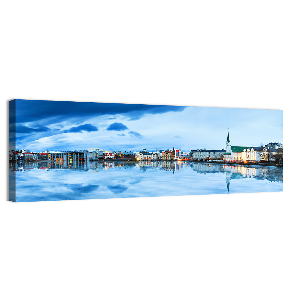 Reykjavik Tjornin Reflection Wall Art, canvas print, panoramic