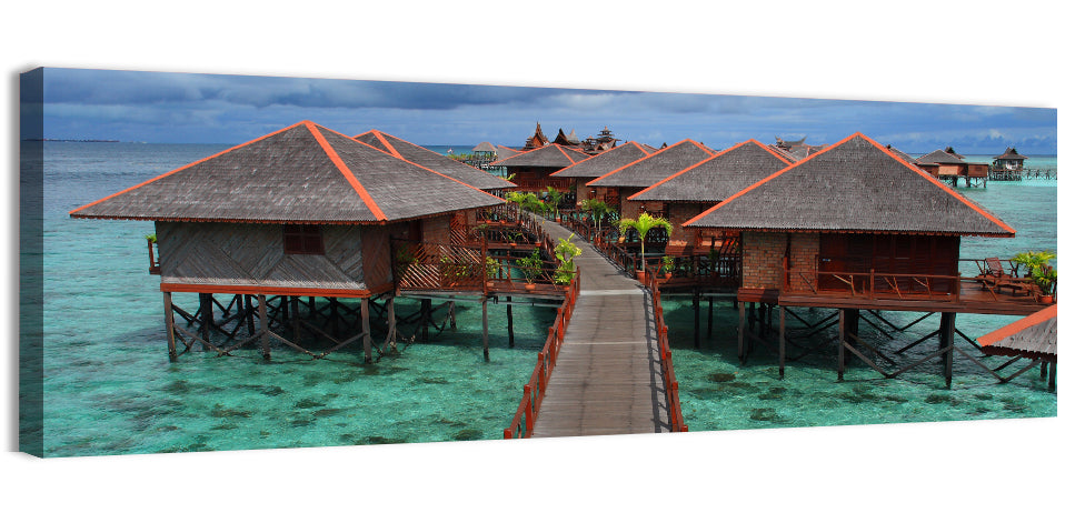 Overwater Bungalows Boardwalk Over Turquoise Sea Wall Art, canvas print, panoramic