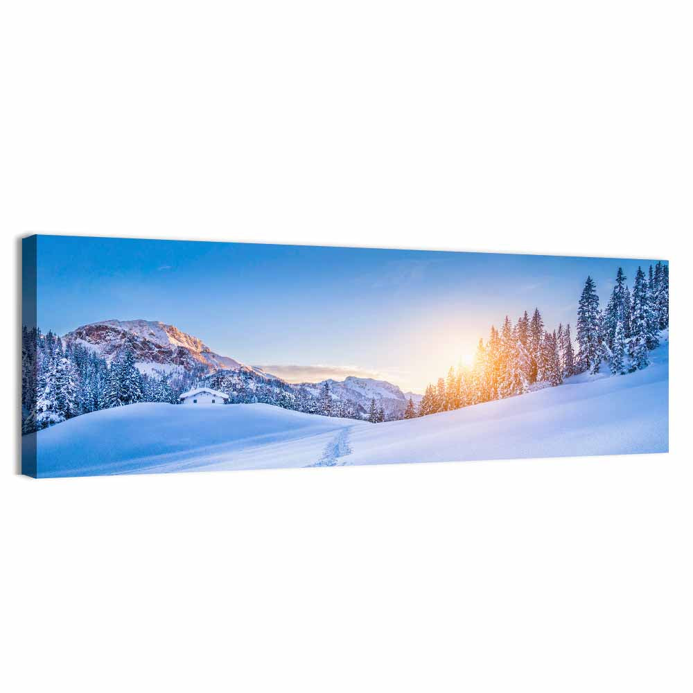 Snowy Mountain Chalet Sunset Wall Art, canvas print, panoramic