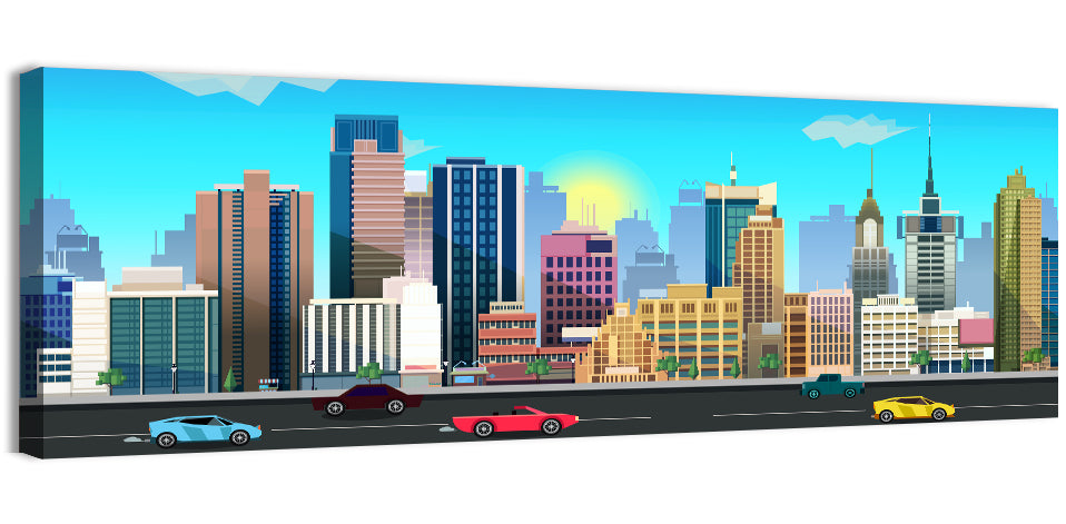 Geometric City Skyline with Sun Flare Wall Art, canvas print, panoramic