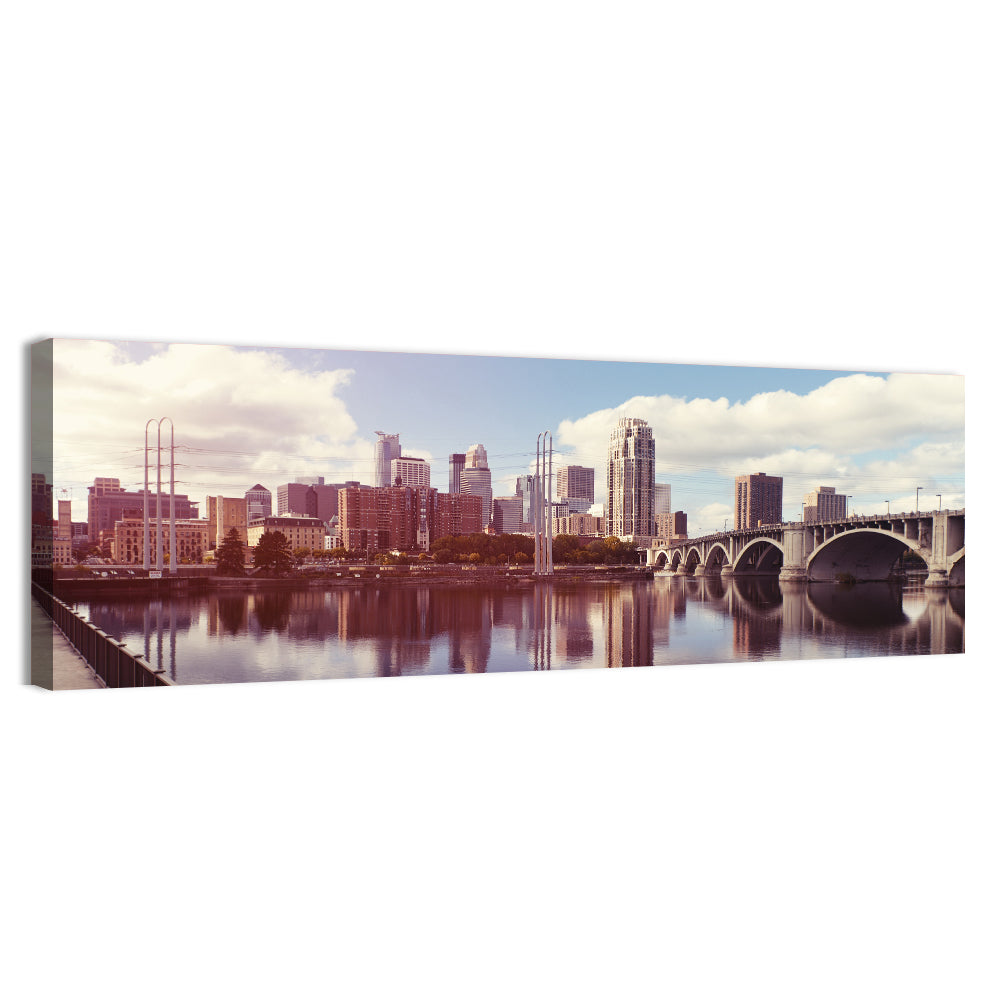 Minneapolis Skyline at Third Avenue Bridge Wall Art, canvas print, panoramic