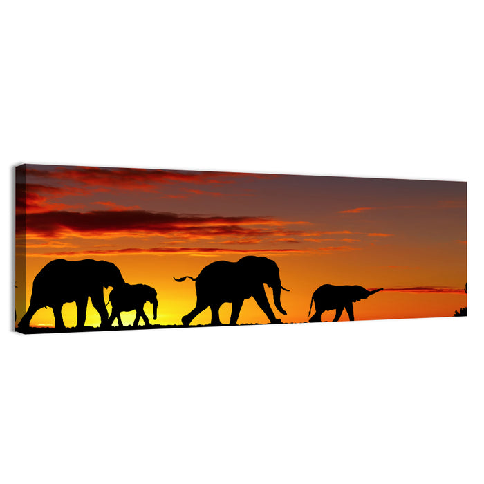 Elephant Herd at Sunset Wall Art as a canvas print