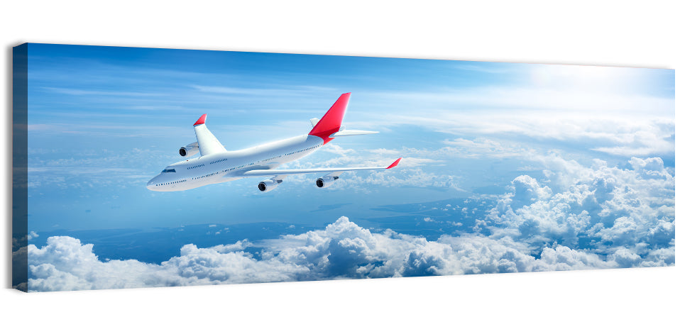 Airplane Over Blue Cloudscape Wall Art, canvas print, panoramic