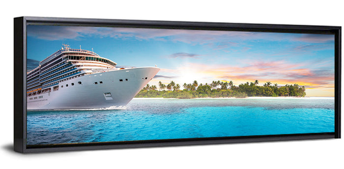 Cruise Ship at Tropical Sunset Wall Art as a framed canvas