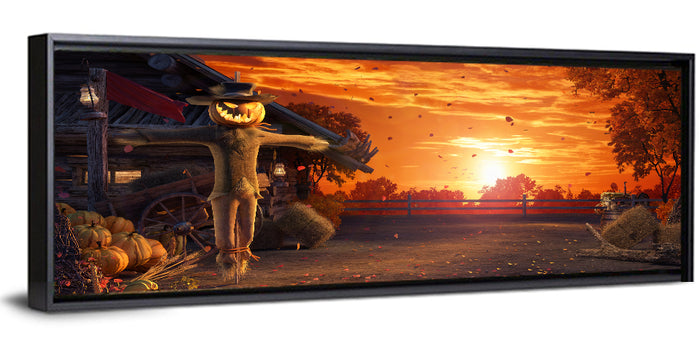 Glowing Pumpkin Scarecrow at Dusk Wall Art as a framed canvas