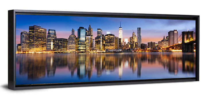 Manhattan Skyline at Twilight Wall Art as a framed canvas