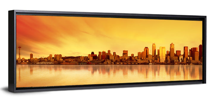 Seattle Skyline in Golden Hour Wall Art as a framed canvas