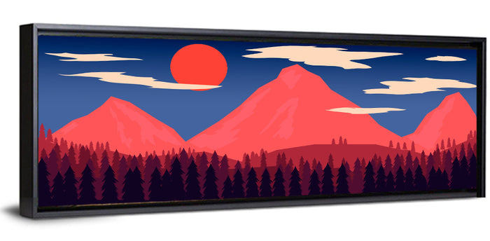 Crimson Sun Over Blue Mountains Wall Art as a framed canvas