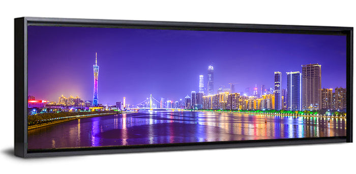 Guangzhou Skyline Night Over Pearl River Wall Art as a framed canvas