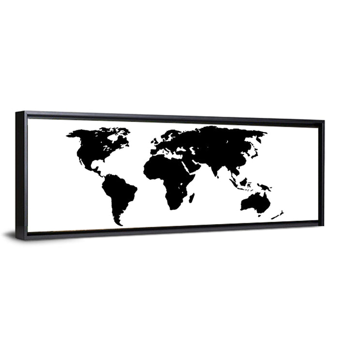 Minimalist Black World Map Wall Art as a framed canvas