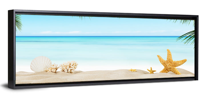 Seashell and Starfish Beach Still Life Wall Art as a framed canvas