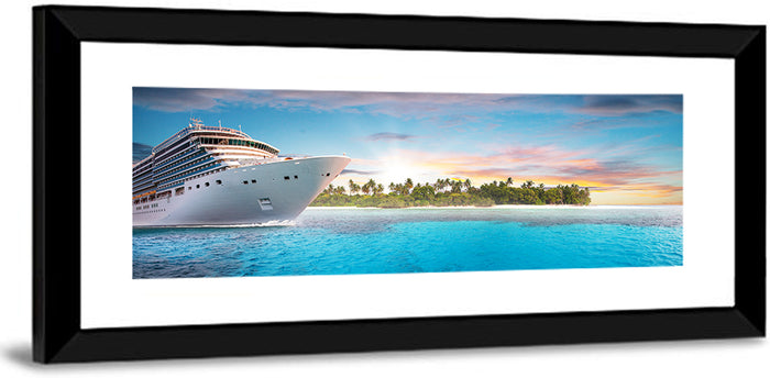 Cruise Ship at Tropical Sunset Wall Art as a framed print