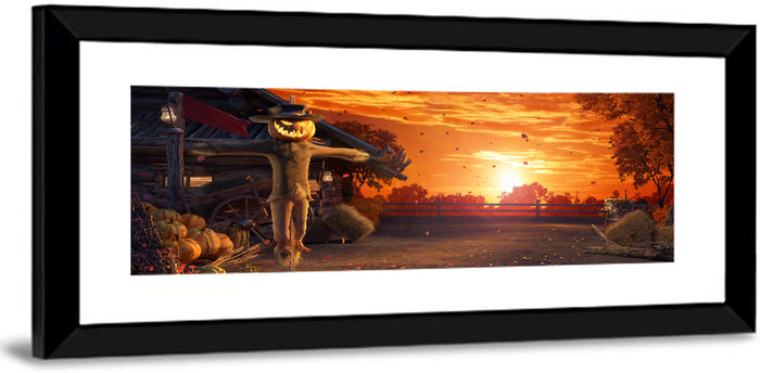 Glowing Pumpkin Scarecrow at Dusk Wall Art as a framed print