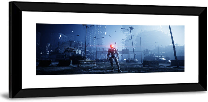 Alien Robot in Ruined City Wall Art as a framed print