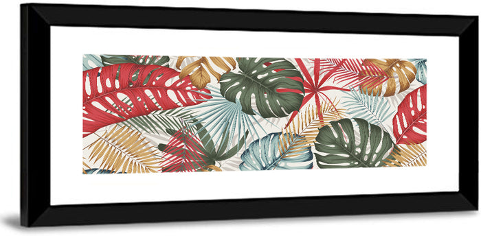 Red and Green Tropical Leaves Pattern Wall Art as a framed print