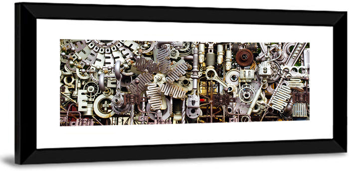 Industrial Gearwork Parts Collage Wall Art as a framed print