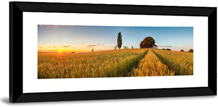 Sunset Wheat Field with Red Roof Cottage Wall Art as a framed print