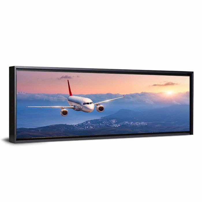 Passenger Jet at Sunset Wall Art as a framed canvas
