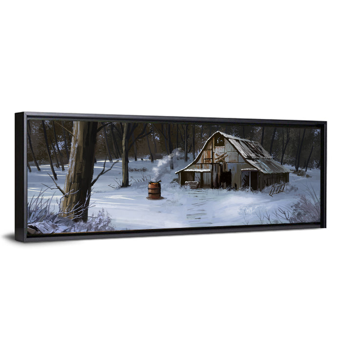 Snowy Barn in Winter Forest Wall Art as a framed canvas