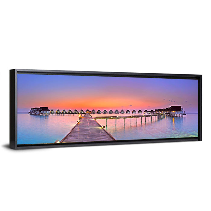 Maldives Boardwalk at Sunset Wall Art as a framed canvas