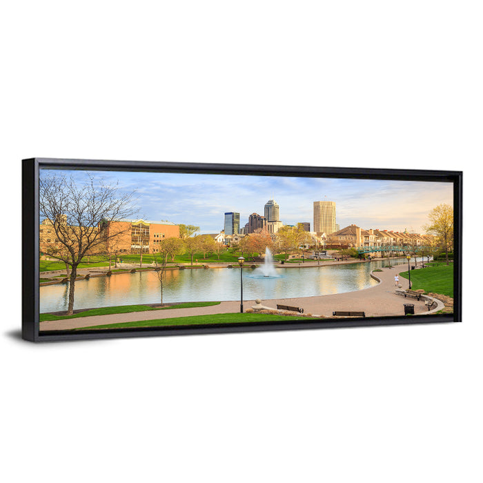 Indianapolis Central Canal Skyline Wall Art as a framed canvas